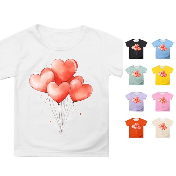Girls Summer Short Sleeve T Shirt Cute Cartoon Heart Balloon Print Casual Top For Children Outfit Kids Summer Tops Crewneck Tees