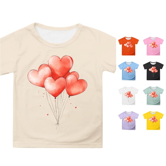 Girls Summer Short Sleeve T Shirt Cute Cartoon Heart Balloon Print Casual Top For Children Outfit Kids Summer Tops Crewneck Tees