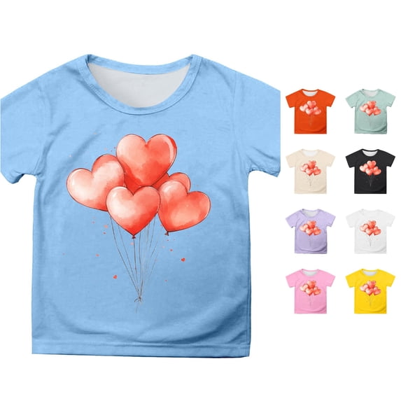 Girls Summer Short Sleeve T Shirt Cute Cartoon Heart Balloon Print Casual Top For Children Outfit Kids Summer Tops Crewneck Tees