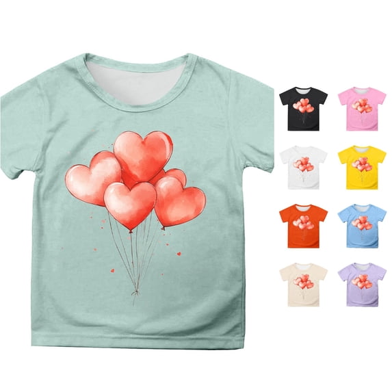 Girls Summer Short Sleeve T Shirt Cute Cartoon Heart Balloon Print Casual Top for Children Outfit Tween Girls Undershorts 10-11 Years