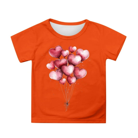Girls Summer Short Sleeve T-Shirt with Adorable Cartoon Heart Balloon Print Casual Top for Kids Tween Kids Summer Soft Comfy Cute Teen Basic Tees