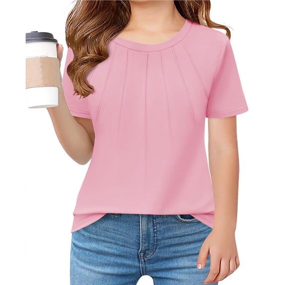 Girls Summer Short Sleeved Pleated T Shirts Kids Children Solid Color Casual Tops