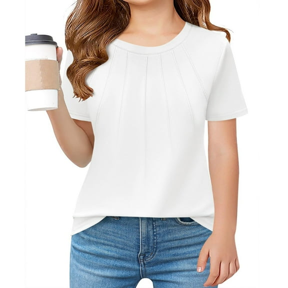 Girls Summer Short Sleeved Pleated T Shirts Kids Children Solid Color Casual Tops
