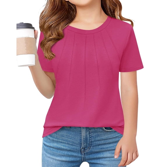 Girls Summer Short Sleeved Pleated T Shirts Kids Children Solid Color Casual Tops
