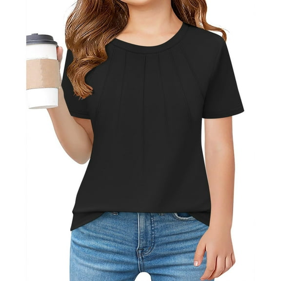 Girls Summer Short Sleeved Pleated T Shirts Kids Children Solid Color Casual Tops