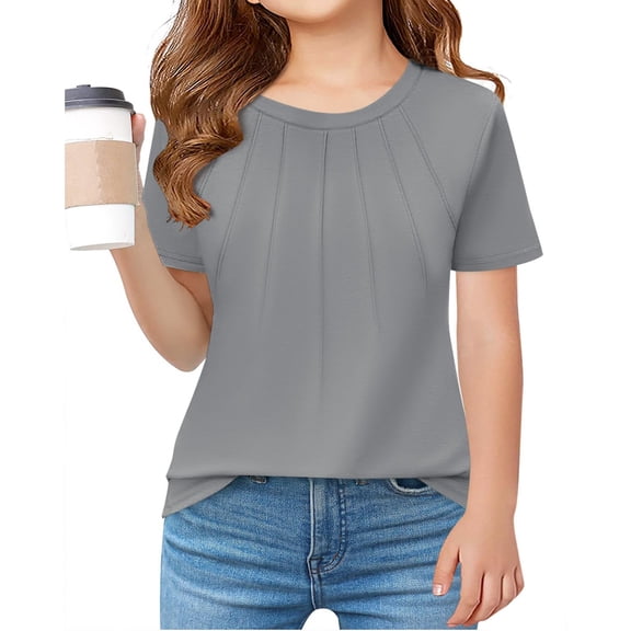 Girls Summer Short Sleeved Pleated T Shirts Kids Children Solid Color Casual Tops