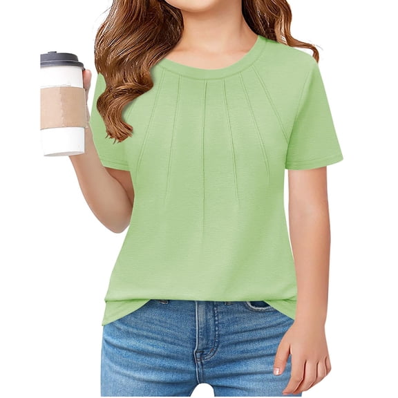 Girls Summer Short Sleeved Pleated T Shirts Kids Children Solid Color Casual Tops