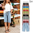 thumbnail image 1 of Girls Summer Shorts 2PC Elastic Waist Knee Length Casual Linen Cotton Bermuda Shorts with Pockets School Uniform Shorts Watermelon Red 7-8Years, 1 of 5