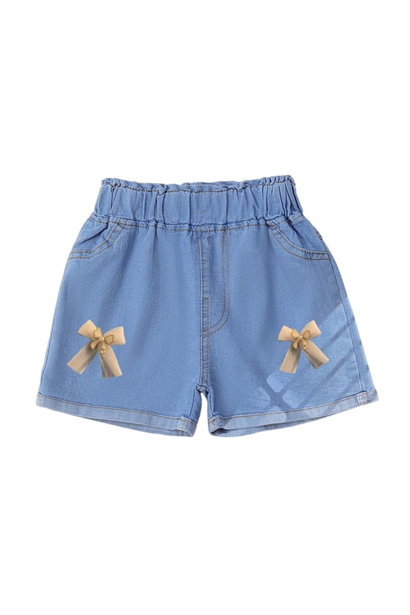 Girls Summer Shorts Elastic Waist Wide Leg Cute Print Imitation Denim Pants Casual Loose Stylish Clothes (10 Years, Blue-A)