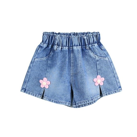 Girls Summer Shorts Jeans Elastic Waistband Split Cute Short Denim Pants Wide Leg Casual Shorts Pink,6-7 Years