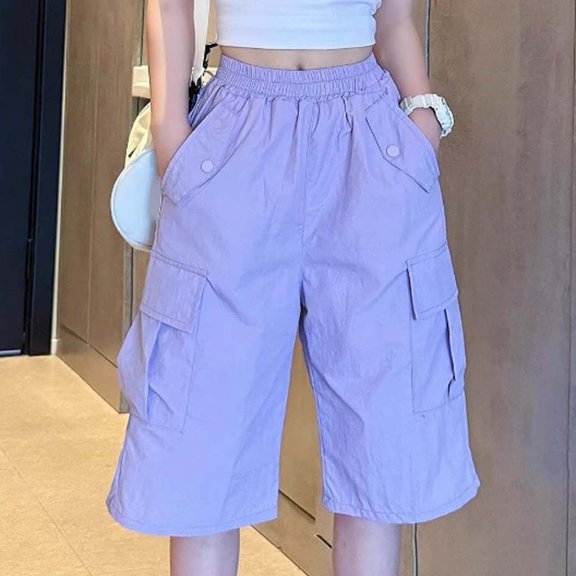Girls' Summer Shorts for Kids Lightweight Silk-Feel Casual Pants for Everyday Wear Ideal for School Outdoor Play and Leisure, 10-11 Years, Purple