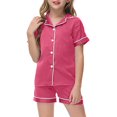 thumbnail image 1 of Girls Summer Silk Pajamas 4-5 Years Solid Color Pajamas Kids Plain Button Top Short Sleeve Pjs Silk Tops and Shorts Comfy Home Pajamas Set Sleepwear for Kids And Girls Hot Pink, 1 of 5