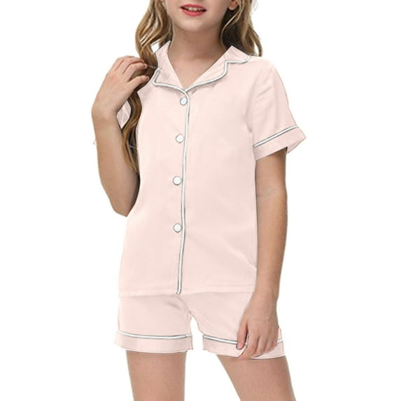 Girls Summer Silk Pajamas 8-9 Years Solid Color Pajamas Kids Plain Button Top Short Sleeve Pjs Silk Tops and Shorts Comfy Home Pajamas Set Sleepwear for Kids And Girls Rose Gold