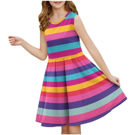 Girls Summer Skater Dress Rainbow Sleeveless Tank Dresses for Girl Ruffle Crew Neck Cute Casual Tunic Dress, Hot Pink, 9 Years