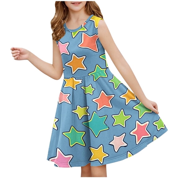 Girls Summer Skater Dress Star Print Sleeveless Tunic Dresses for Girl Ruffle Crew Neck Cute Casual Tank Dress, Blue, 9 Years