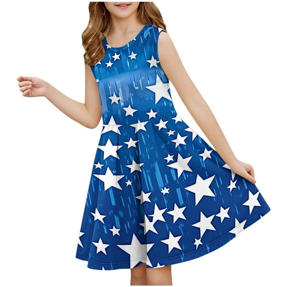 Girls Summer Skater Dress Star Print Sleeveless Tunic Dresses for Girl Ruffle Crew Neck Cute Casual Tank Dress, Light Blue, 9 Years