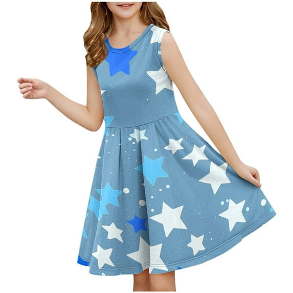 Girls Summer Skater Dress Star Print Sleeveless Tunic Dresses for Girl Ruffle Crew Neck Cute Casual Tank Dress, Sky Blue, 5 Years
