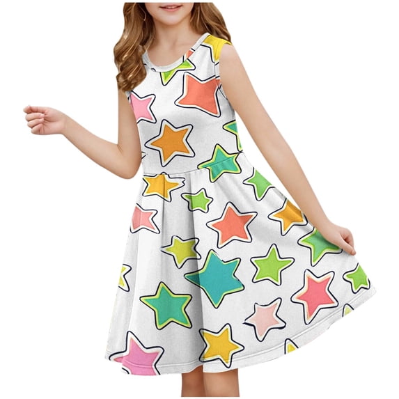 Girls Summer Skater Dress Star Print Sleeveless Tunic Dresses for Girl Ruffle Crew Neck Cute Casual Tank Dress, White, 9 Years