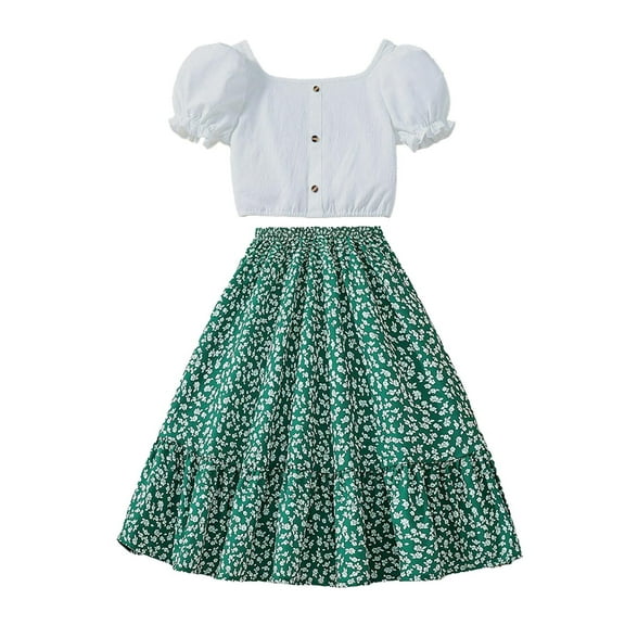 Girls Summer Skirt Suit Size 10 Off Shoulder Crop Top Swing Pleated Skirt Children 2-piece Clothes Matching Set, Green, 11 Years