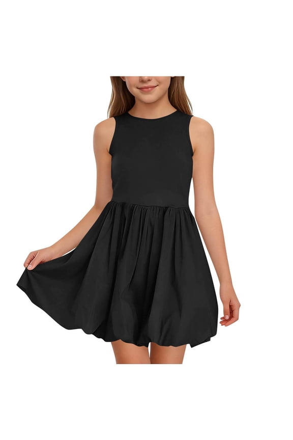 Girls Summer Sleeveless Bubble Dress Cute Crew Neck Tank Midi Dresses for Party Princess Birthday Ball Gown
