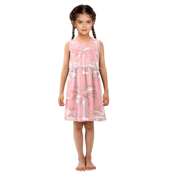 Girls' Summer Sleeveless Dress Soft Cotton A-Line Dress Coral Pink Palm Tree 3T