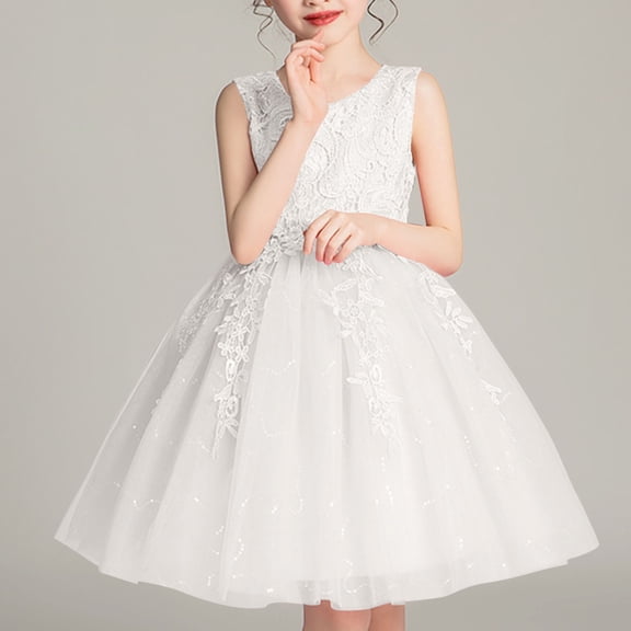Girls Summer Sleeveless Dress with Ruffled Lace Embroidery and Bow Detail