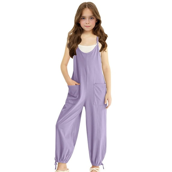 Girls Summer Sleeveless Jumpsuit Casual Romper Thin Straps Tapered Legs Pockets Comfortable Playwear Toddler Kids Breathable Lightweight