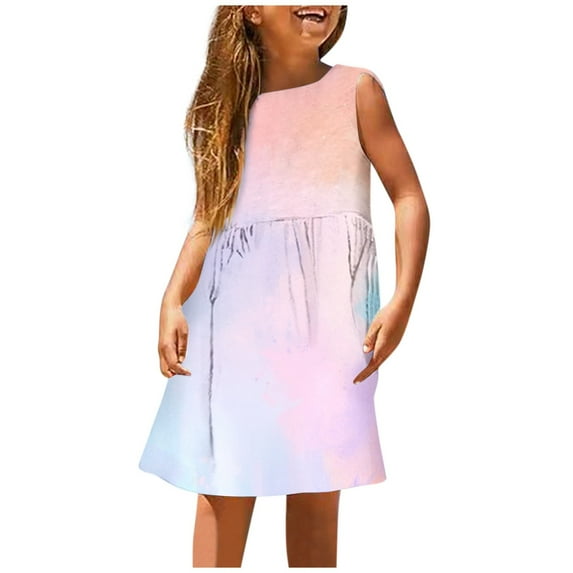Girls Summer Sleeveless A Line Casual Dress Gradient Print Stretchy Comfort Round Neck Beach Outdoor for Toddler Kids Girls Maxi Dress Casual Holiday Party Dress