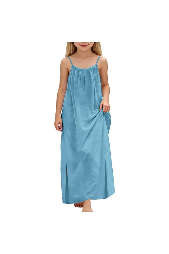 Girls Summer Sleeveless Spaghetti Strap Sun Dress with Flowy Skirt and Pockets for Casual Play Outfits