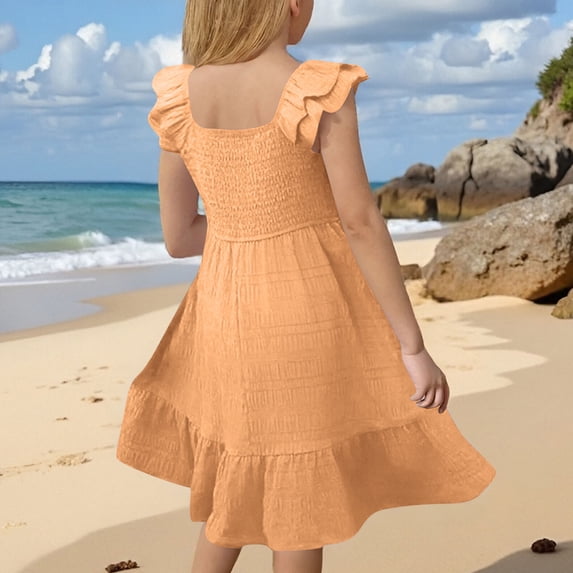Girls Summer Smocked Ruffle Sleeve Tiered A Line Sundress, Textured Square Neck Flowy Casual Dress for Kids Orange 170