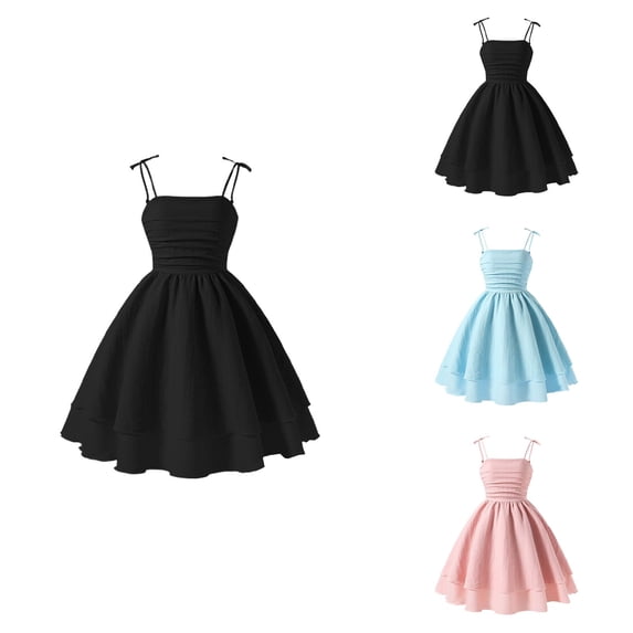 Girls Summer Solid Color Dress with Bow Knot, Spaghetti Straps, Smocked Ruched A-Line Swing Design, Flowy Double Layered, Sweet Sleeveless Party Dress for Tween Girls