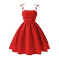 thumbnail image 1 of Girls Summer Solid Color Dress with Bow Knot, Spaghetti Straps, Smocked Ruched A-Line Swing Design, Flowy Double Layered, Sweet Sleeveless Party Dress for Tween Girls, 1 of 3