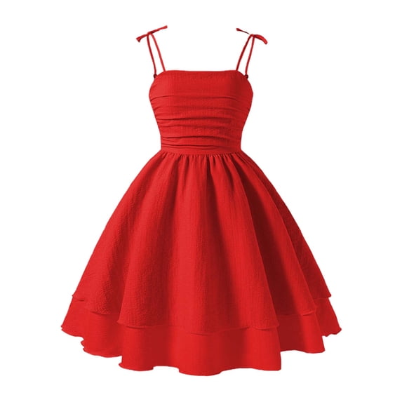 Girls Summer Solid Color Dress with Bow Knot, Spaghetti Straps, Smocked Ruched A-Line Swing Design, Flowy Double Layered, Sweet Sleeveless Party Dress for Tween Girls