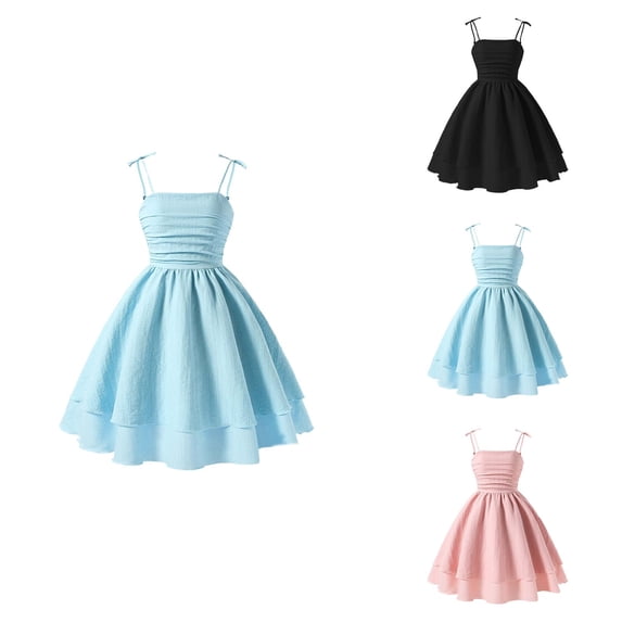 Girls Summer Solid Color Dress with Bow Knot, Spaghetti Straps, Smocked Ruched A-Line Swing Design, Flowy Double Layered, Sweet Sleeveless Party Dress for Tween Girls