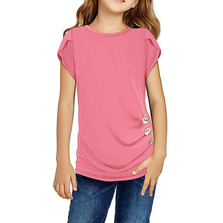 Girls Summer Solid Color Round Neck Short Sleeve Fashion Loose T Shirt