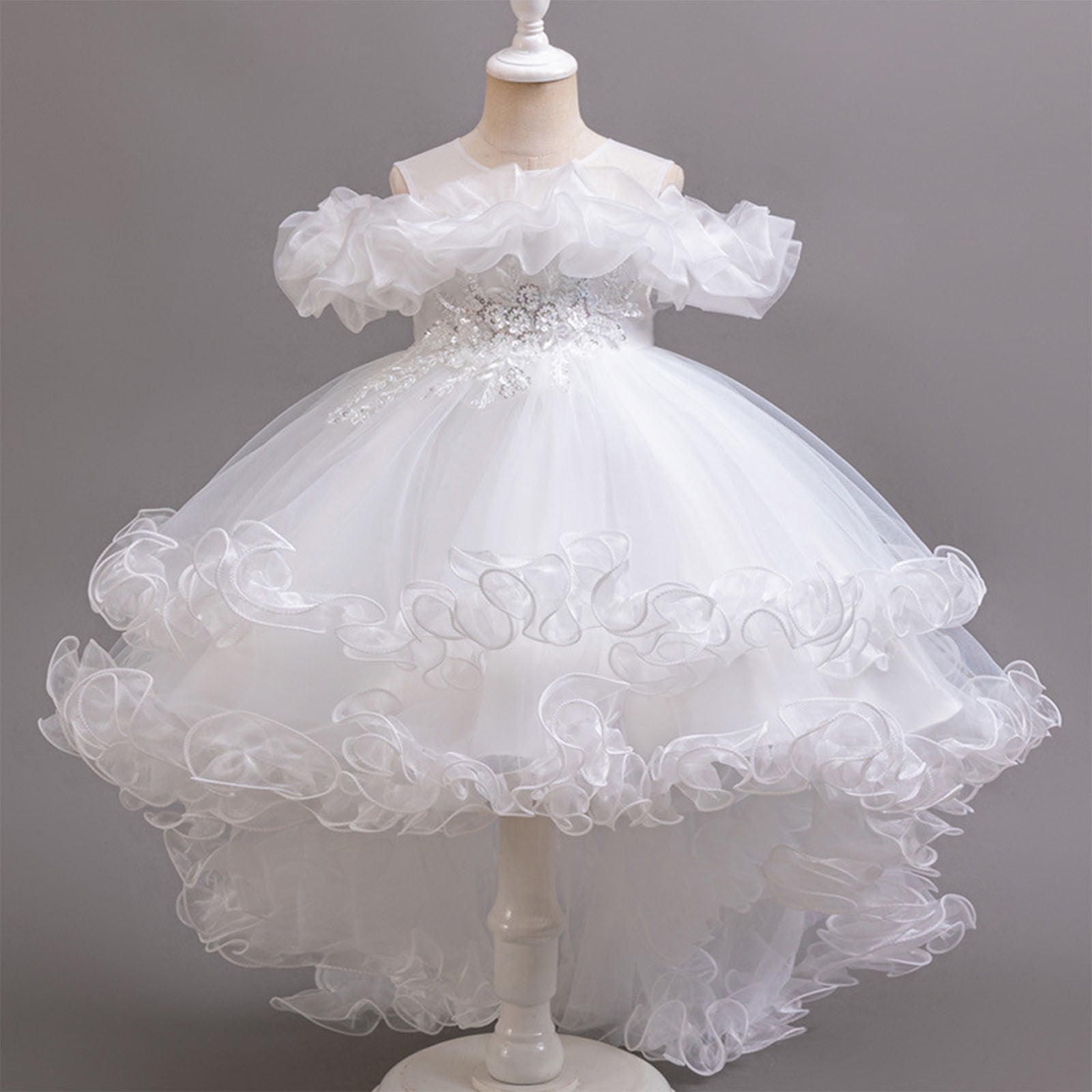 Girls' Summer Solid Color Short Sleeve Round-Neck Mesh Princess Dress ...
