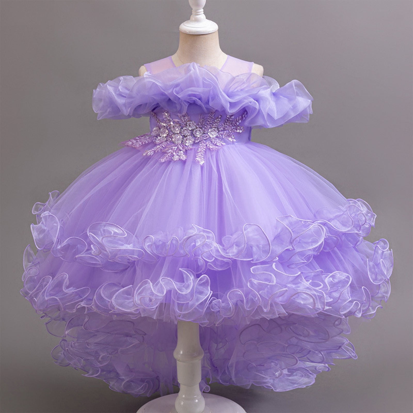 Girls' Summer Solid Color Short Sleeve Round-Neck Mesh Princess Dress ...