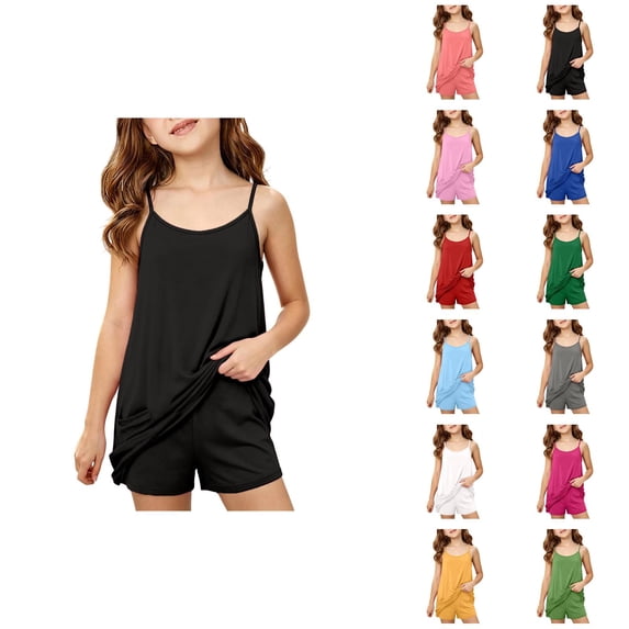 Girls Summer Solid Pocket Strap Shorts Casual Two Piece Outfit For Toddler Kids