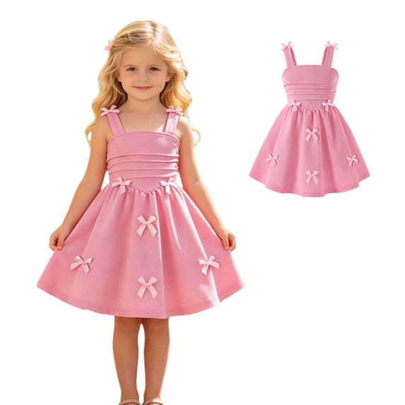 Girls Summer Spaghetti Strap Dresses Bowknot Pink Sundress Cold Shoulder Casual Holiday Dresses 5-6 Years