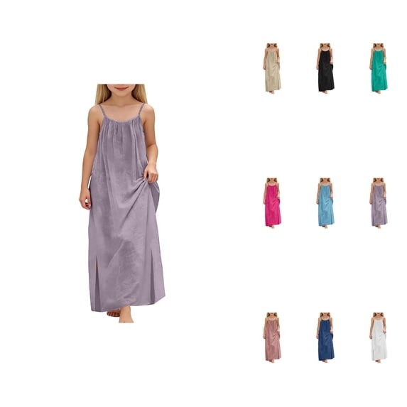 Girls Summer Spaghetti Strap Sundress, Flowy Skirt & Pockets for Casual Play Outfits