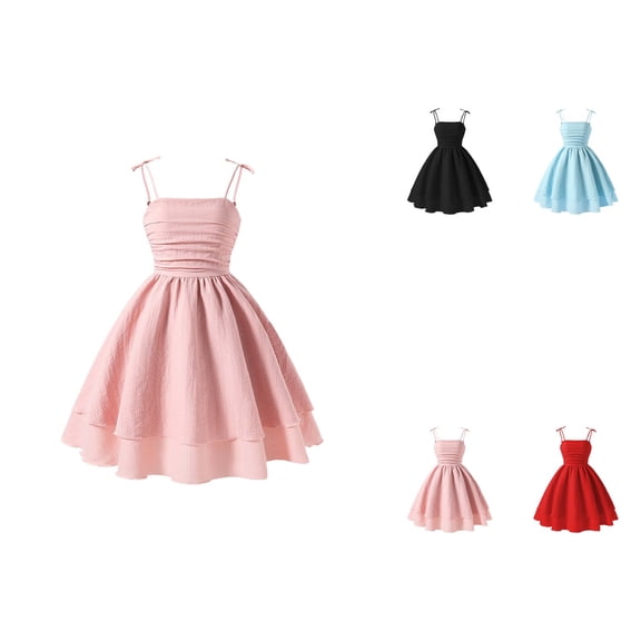Girls Summer Spaghetti Straps Smocked Ruched A-Line Swing Dress, Solid Color Sweet Sleeveless Party Dress for Kids