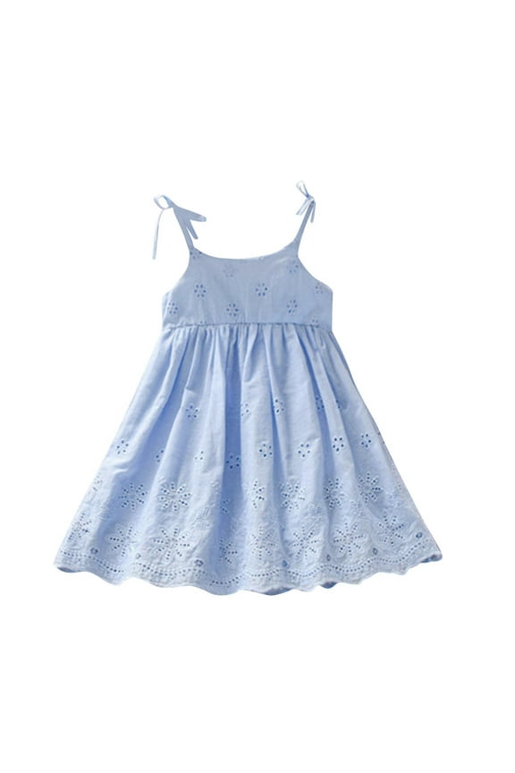 Girls Summer Sundress Eyelets Hollow Out Embroidery Boho Dresses Adjustable Spaghetti Strap Solid Midi Casual Dress 2-14Y