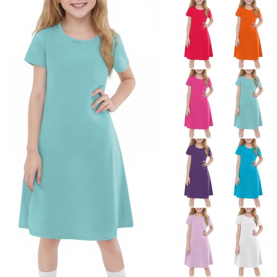 Girls Summer T Shirt Dress Casual Short Cap Sleeve Crewneck Loose Mini Dresses 5-14 Years