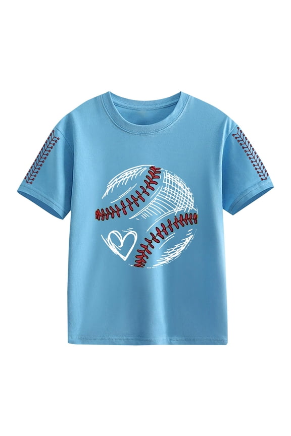 Girls Summer T Shirts Baseball Love Heart Print Softball Short Sleeve Shirt Kids Comfy Crew Neck Graphic Tee Tops Plus Size