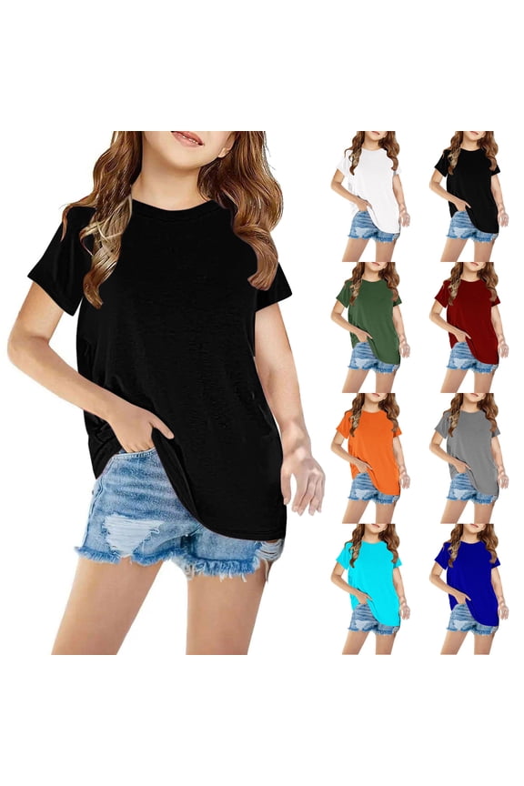 Girls Summer T-Shirts Loose Fit Crewneck Short Sleeve Basic Tees 3-14 Years Trendy Everyday Tops for Girls White