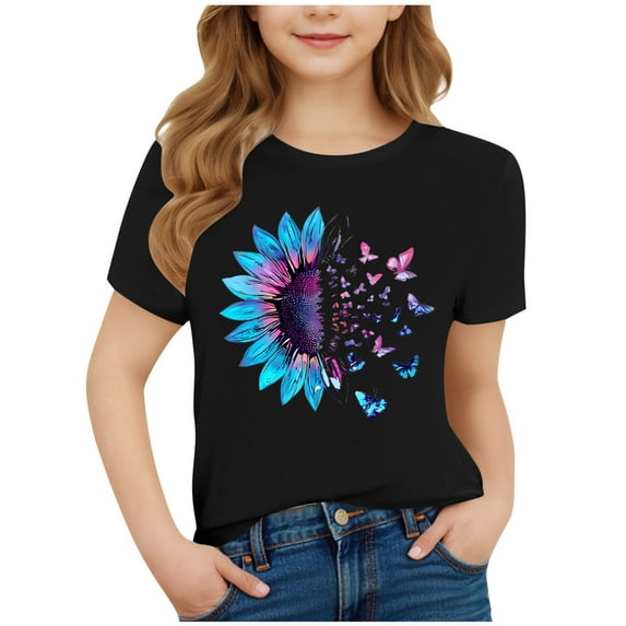 Girls Summer T Shirts Sunflower Butterfly Print Short Sleeve Casual Tops Loose Crewneck Basic Tees for 3-15 Years