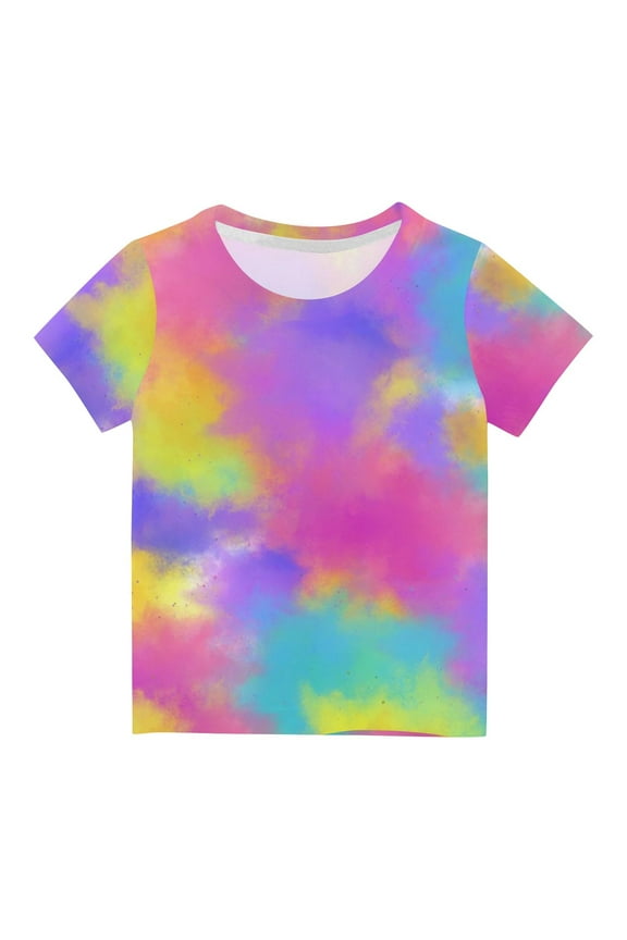 Girls' Summer T-Shirts Tie Dye Print Fashion Casual Tshirts Short Sleeve Colorful Cute Crewneck Tees (5-6 Years, Pink)