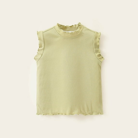 Girls Summer Tank Tops Lettuce Trim Sleeveless Shirts Mock Neck Ribbed Knit Pullover Top