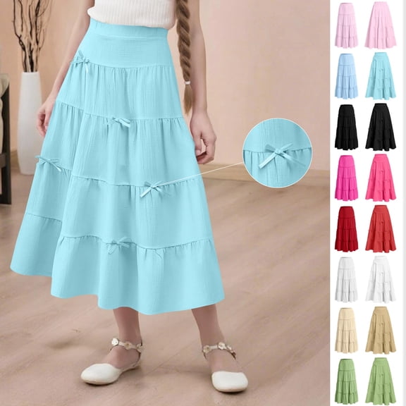 Girls' Summer Tiered Maxi Skirt - Solid Color Elastic Waist Bow Detail Flowy Long Skirt for Kids 4-15 Years