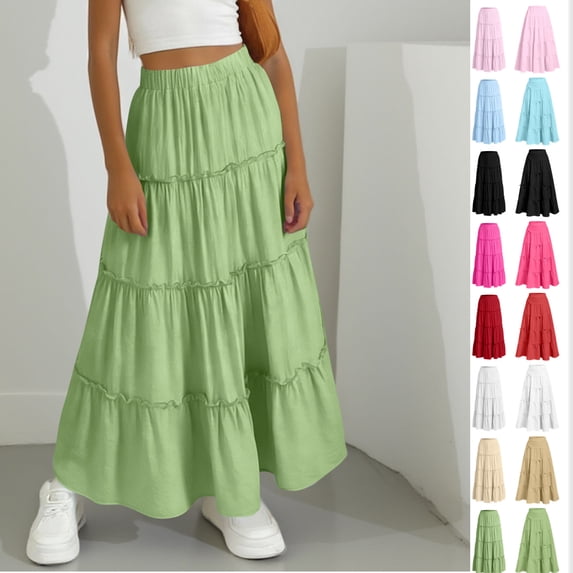 Girls' Summer Tiered Maxi Skirt - Solid Color Elastic Waist Flowy Swing Long Skirt for Kids 4-15 Years